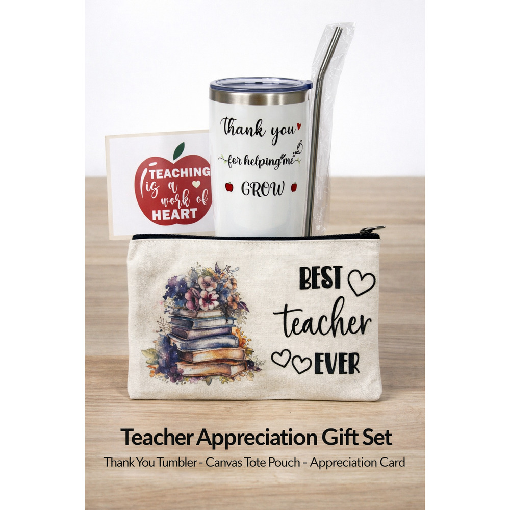 NEW Teacher Appreciation Gift Set – Tumbler Cosmetic Pencil Pouch Thank you Card
